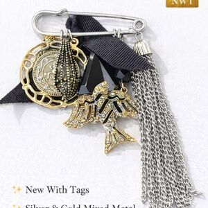 Express Two Tone Charm Safety Pin Brooch Tassel Statement NWOT